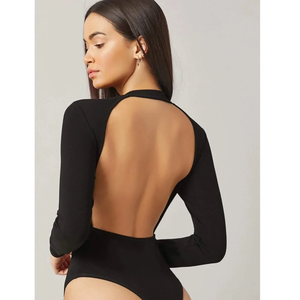 Black Elegant Bodysuit Backless Long Sleeves Round Neck - Picture 3 of 7